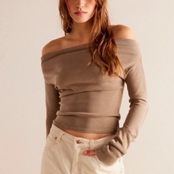 We The Free Tops - We The Free Off-Shoulder Brown Long Sleeve Top